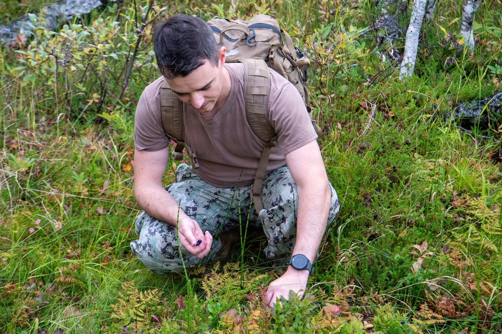 Sailors complete a practical exercise in the wilderness during Northern Viking 2026
