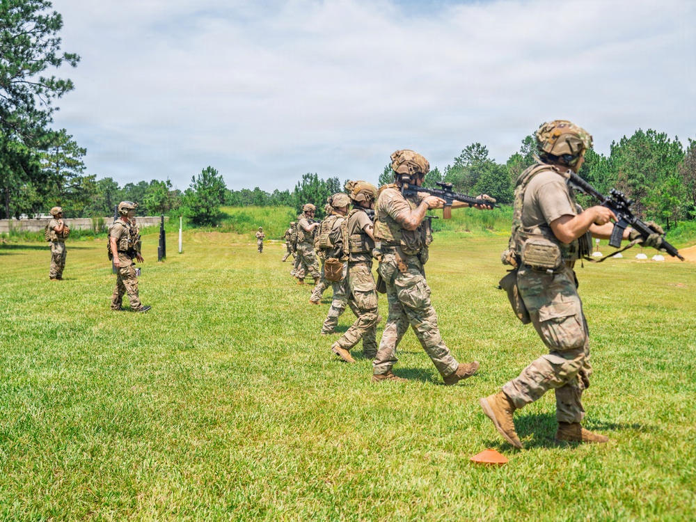 A group of military personnel in full combat gear are conducting a field training exercise on a grassy range. Soldiers are moving in a line formation while carrying rifles in various ready positions, suggesting a tactical movement or shooting drill. The setting appears to be a military training facility with a cleared grass field flanked by pine trees.