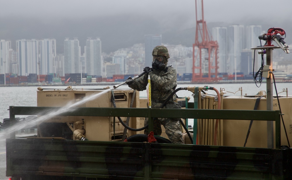 Champion Brigade decon training at Busan port