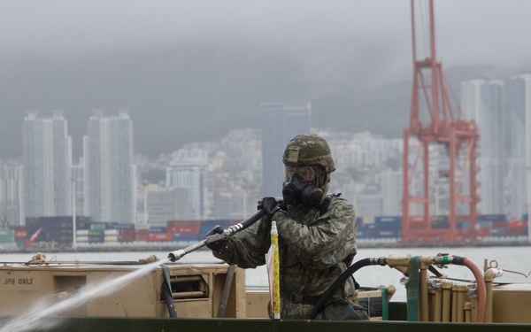 Champion Brigade decon training at Busan port