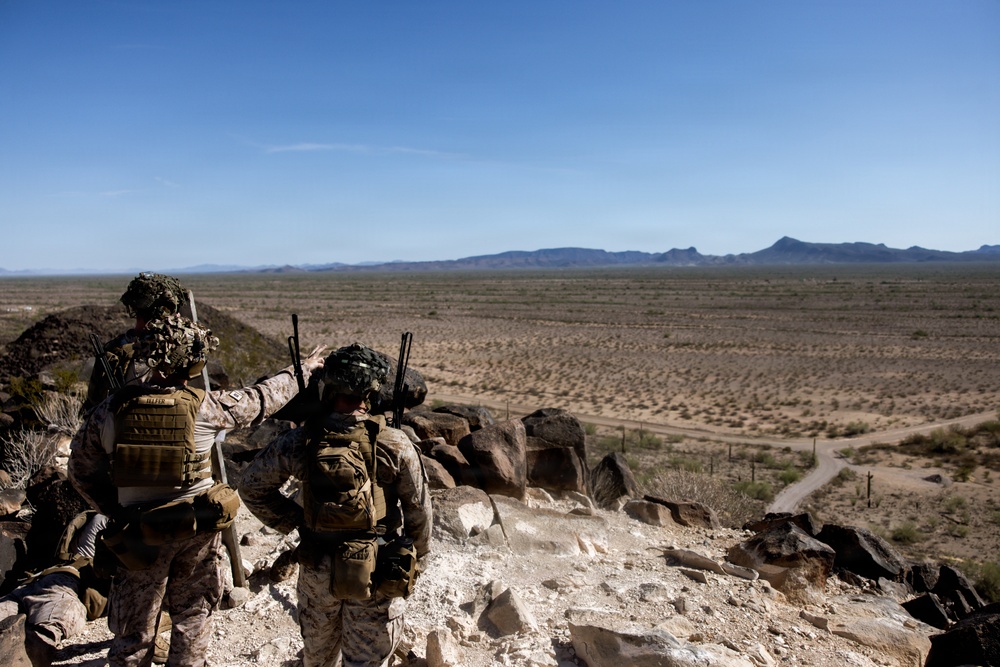 Two military personnel in full combat gear are positioned on a rocky elevated outcrop overlooking a vast desert landscape. One soldier appears to be pointing toward the terrain below, suggesting reconnaissance or tactical observation activity. The setting appears to be an arid desert environment, consistent with a training exercise or operational deployment.