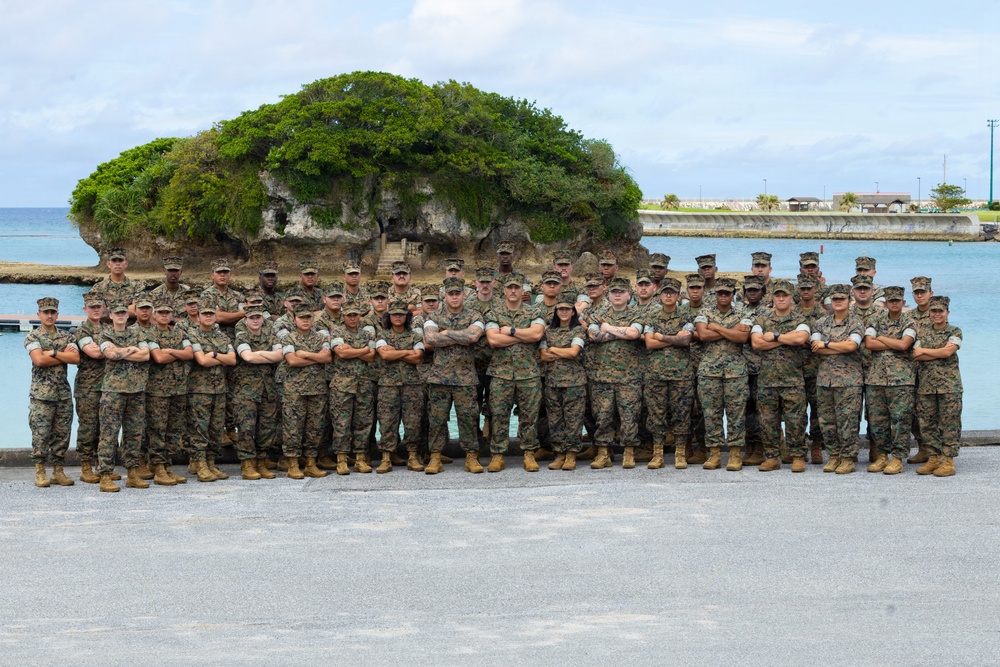 A large group of military personnel, approximately 50-60 individuals, pose for a formal unit photograph in two rows with arms crossed. They are wearing matching woodland camouflage uniforms (MARPAT pattern) consistent with U.S. Marine Corps dress, standing on a paved surface near a coastal waterfront. A distinctive rocky outcropping with trees growing on top serves as the backdrop, suggesting a Pacific island location.
