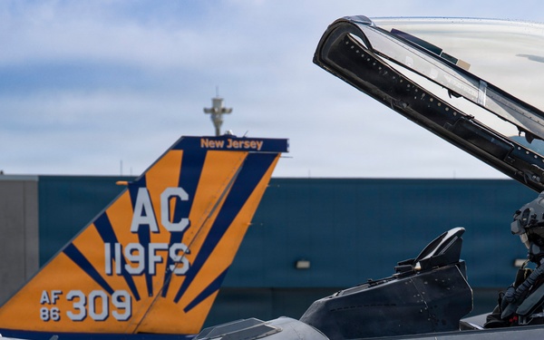The image shows multiple F-16 Fighting Falcon jet fighters on a flight line, belonging to the New Jersey Air National Guard's 119th Fighter Squadron. A pilot in full flight gear is seated in the cockpit of the foreground aircraft (serial 0366), with the canopy open. A distinctive blue and orange tail marking with 'AC 119FS' and 'AF 86 309' is prominently visible in the background.