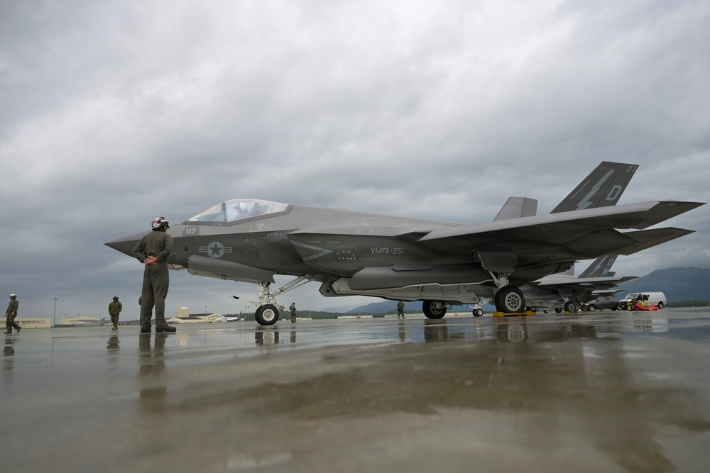 U.S. Marine Corps F-35s roar across the sky during RED FLAG-Alaska 26-3