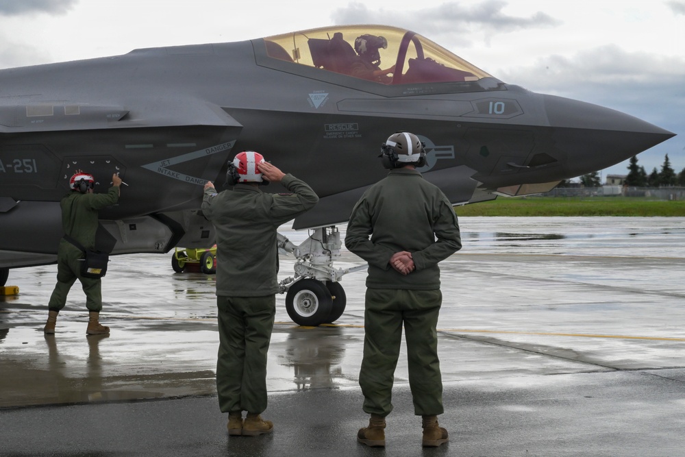 U.S. Marine Corps F-35s roar across the sky during RED FLAG-Alaska 26-3