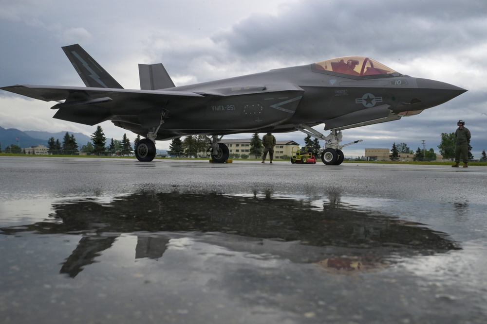 U.S. Marine Corps F-35s roar across the sky during RED FLAG-Alaska 26-3