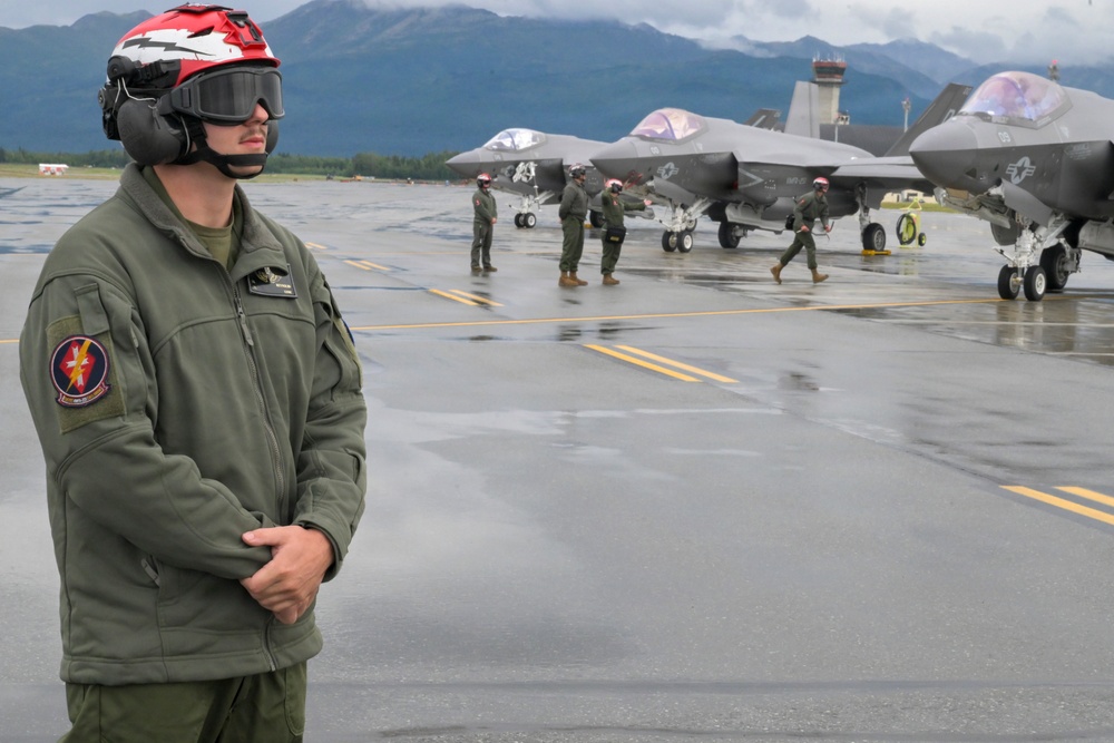 U.S. Marine Corps F-35s roar across the sky during RED FLAG-Alaska 26-3