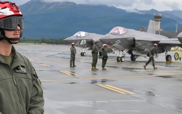 U.S. Marine Corps F-35s roar across the sky during RED FLAG-Alaska 26-3