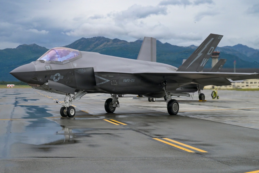 U.S. Marine Corps F-35s roar across the sky during RED FLAG-Alaska 26-3