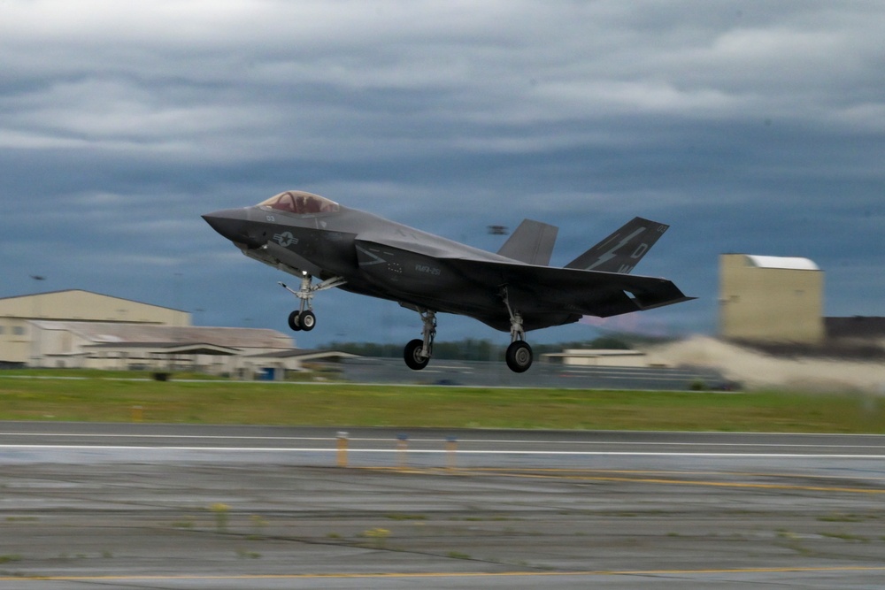 U.S. Marine Corps F-35s roar across the sky during RED FLAG-Alaska 26-3