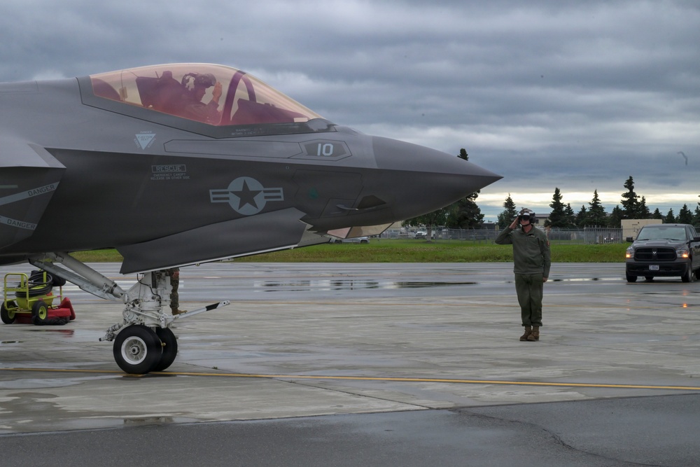 U.S. Marine Corps F-35s roar across the sky during RED FLAG-Alaska 26-3