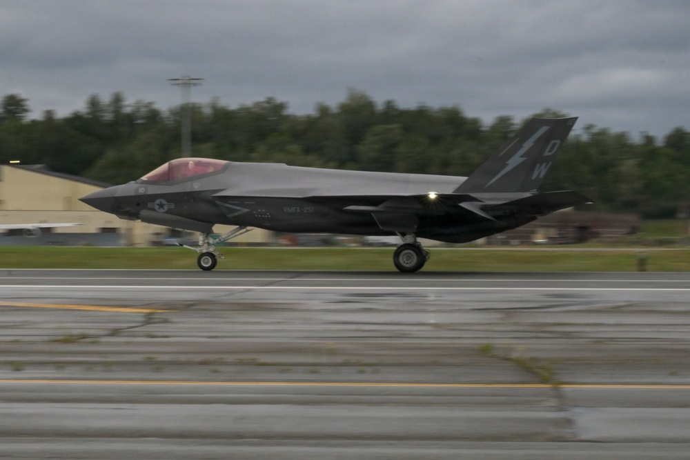 U.S. Marine Corps F-35s roar across the sky during RED FLAG-Alaska 26-3