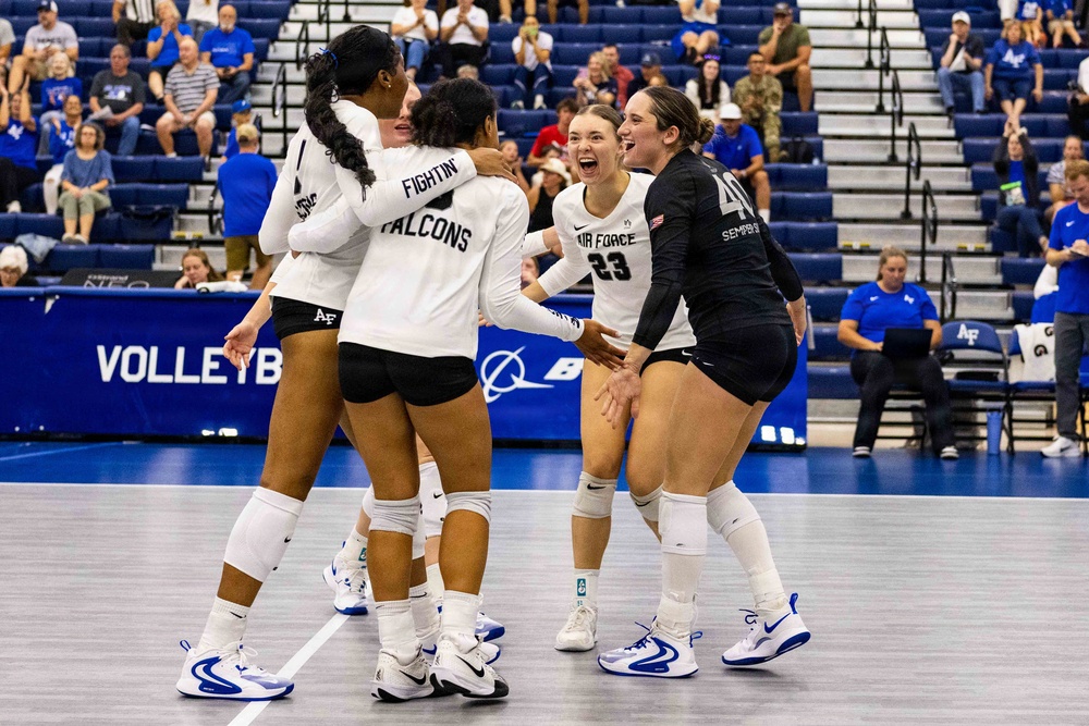 U.S. AIR FORCE ACADEMY, Colo. -- Air Force Falcons celebrate during an exhibition match against the School of Mines on Aug. 25, 2026 at Cadet Gym East in Colorado Springs, Colo. (U.S Air Force Photo by Jonathan Suni)