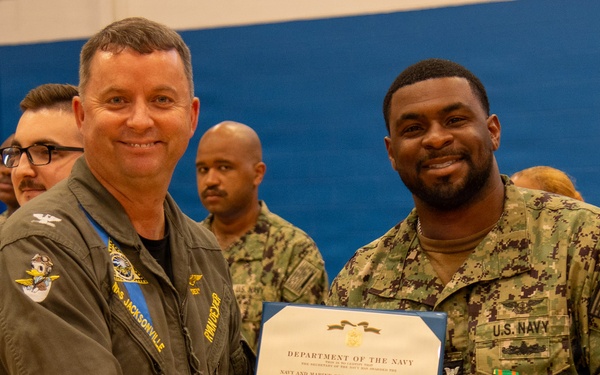 Naval Air Station Jacksonville Commanding Officer Capt. Ryan Dexter presented awards to our Sailors and civilians at Command quarters