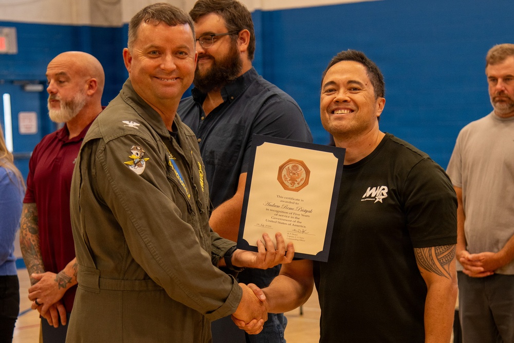 Naval Air Station Jacksonville Commanding Officer Capt. Ryan Dexter presented awards to our Sailors and civilians at Command quarters