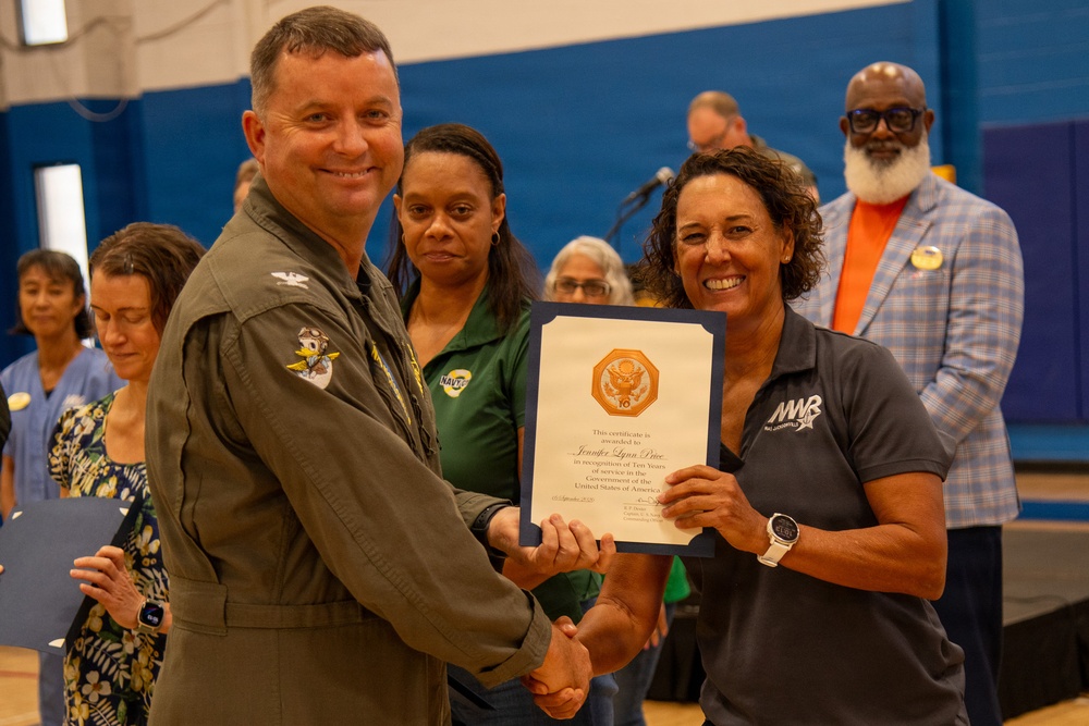 Naval Air Station Jacksonville Commanding Officer Capt. Ryan Dexter presented awards to our Sailors and civilians at Command quarters