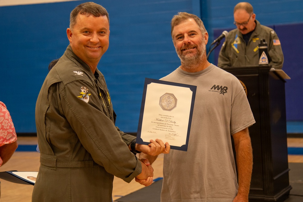 Naval Air Station Jacksonville Commanding Officer Capt. Ryan Dexter presented awards to our Sailors and civilians at Command quarters