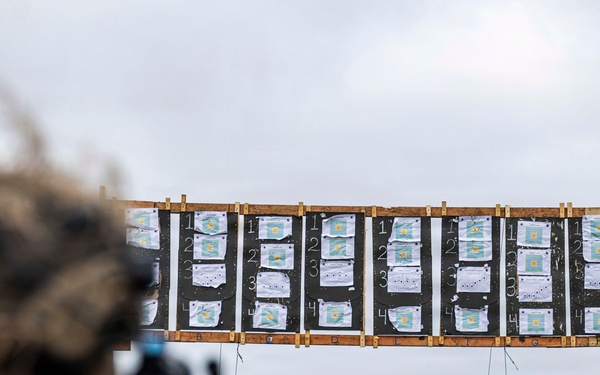 A shooter in camouflage gear and helmet is aiming a scoped rifle at a wooden target board downrange. The target board displays multiple paper shooting targets arranged in columns, showing numbered scoring zones with visible bullet impact marks. The setting appears to be an outdoor military or law enforcement firing range.