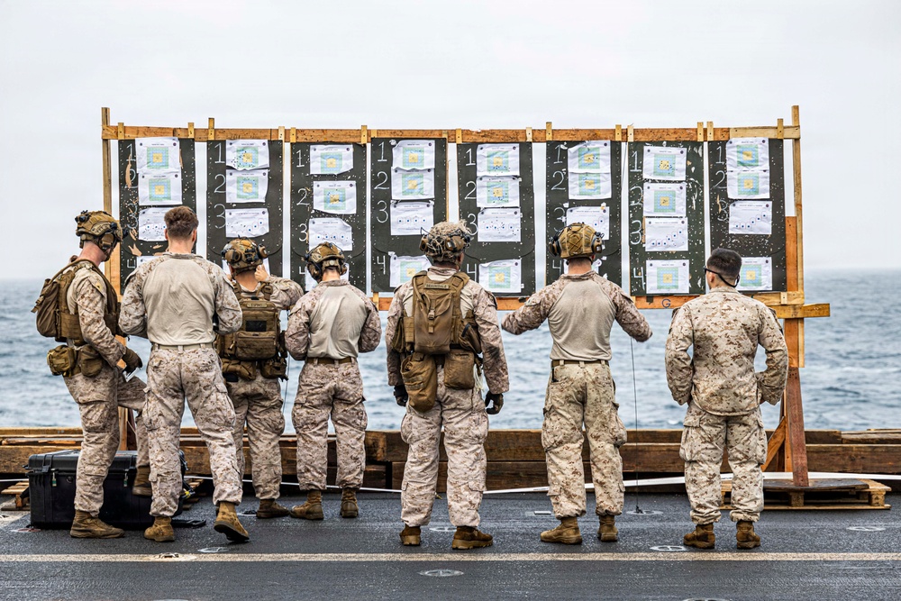 A group of approximately seven military personnel in desert camouflage uniforms are standing on what appears to be a ship's deck, reviewing shooting target results posted on a large wooden board. The targets display numbered scoring zones and shot grouping patterns, suggesting a marksmanship qualification or training exercise. The overcast sky and visible ocean in the background confirm an at-sea naval vessel setting.