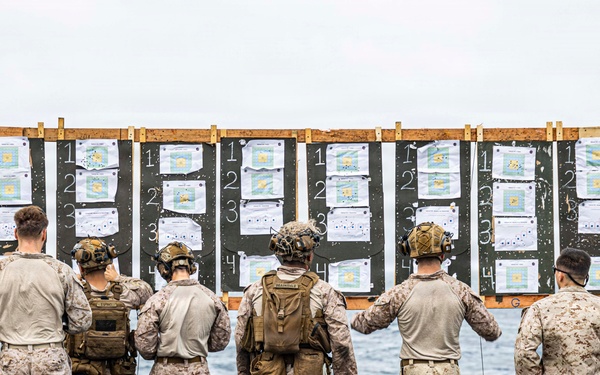 A group of approximately seven military personnel in desert camouflage uniforms are standing on what appears to be a ship's deck, reviewing shooting target results posted on a large wooden board. The targets display numbered scoring zones and shot grouping patterns, suggesting a marksmanship qualification or training exercise. The overcast sky and visible ocean in the background confirm an at-sea naval vessel setting.