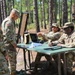 Four U.S. Army soldiers in OCP (Operational Camouflage Pattern) uniforms are gathered around a folding table in a wooded outdoor setting. Two soldiers are seated behind the table operating what appears to be a tablet or electronic device on a stand, while two others stand on the opposite side. The setting suggests a field exercise, checkpoint, or administrative station.