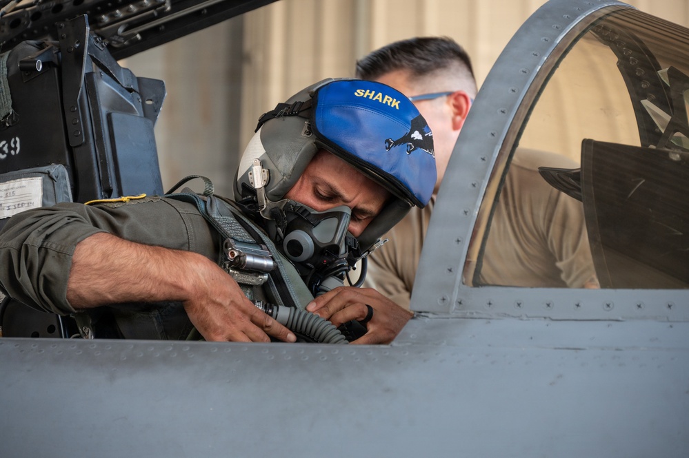A military pilot wearing a blue helmet with the callsign 'SHARK' and an oxygen mask is seated in a fighter jet cockpit, leaning forward to inspect or adjust equipment. A second individual, wearing safety glasses, is visible behind the pilot, likely a crew chief or ground technician assisting with pre-flight preparations. The image is taken close-up near the cockpit of what appears to be a modern military jet aircraft.