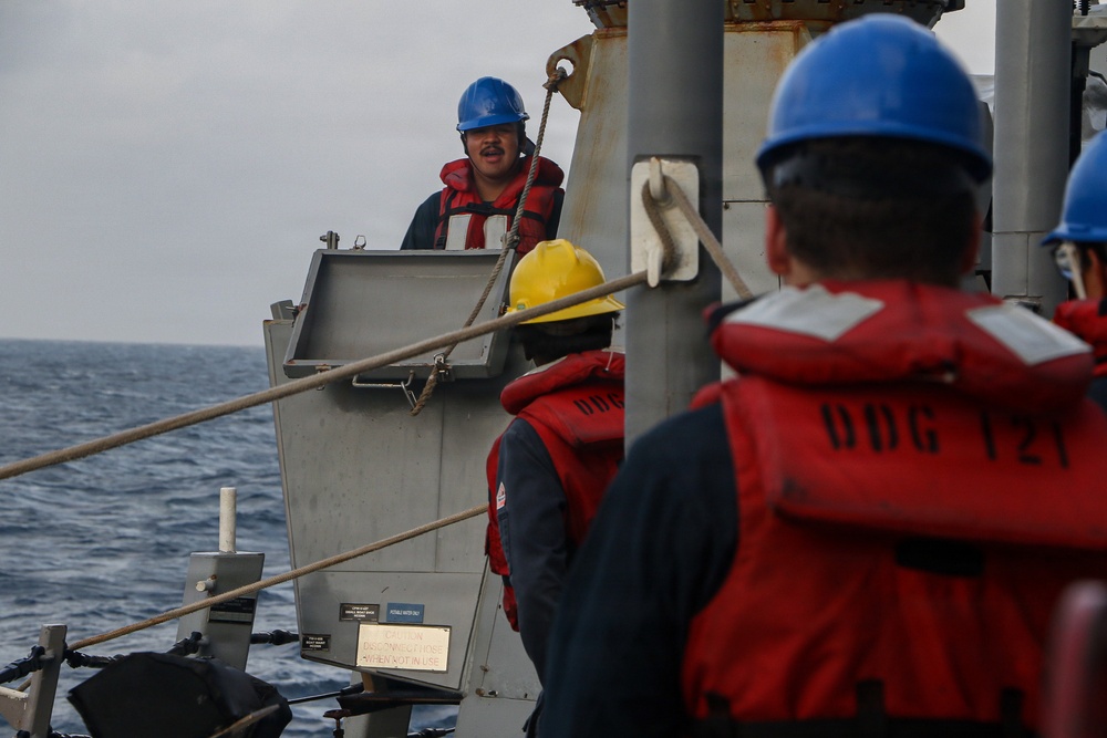 Frank E. Petersen Jr. Sailors Conduct a Seamanship Training Team Drill