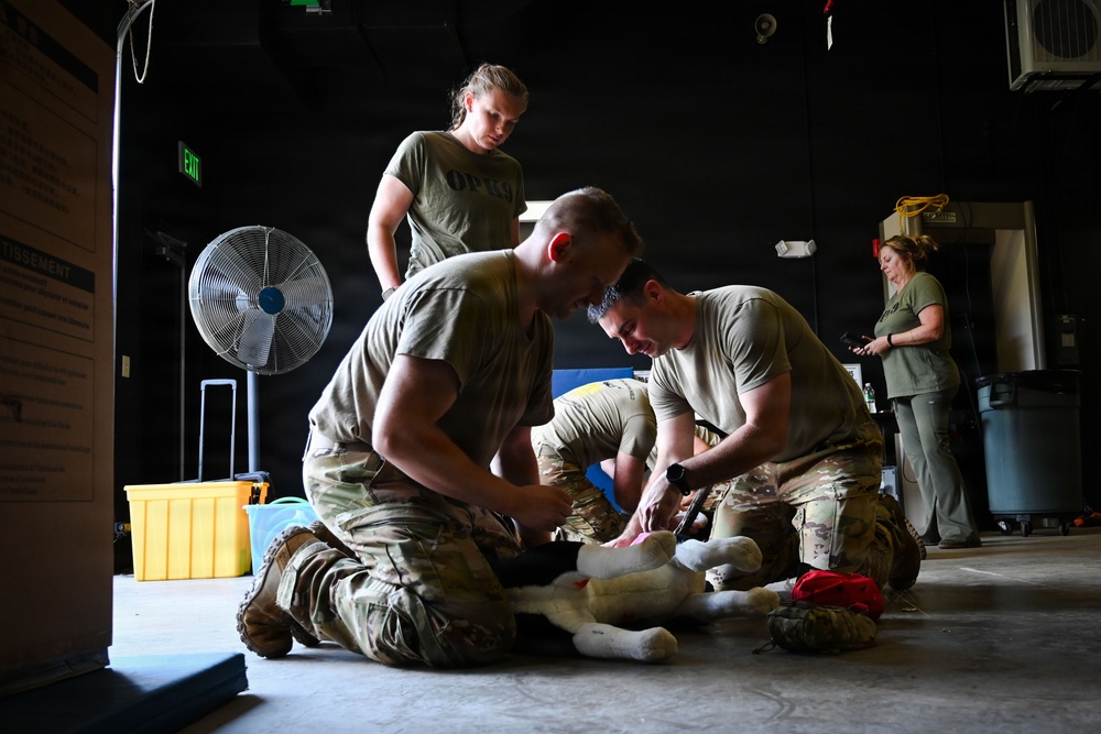 Military personnel in camouflage uniforms are conducting what appears to be a medical training exercise in an indoor facility. Two soldiers in the foreground are working on a training mannequin/dummy on the floor, while a third soldier observes from behind. A civilian or medical staff member in scrubs stands in the background observing the exercise.