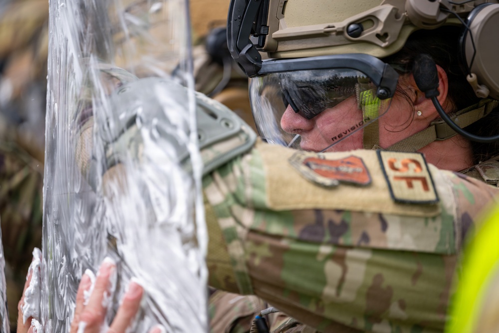 Air National Guard Security Forces Airmen conduct civil unrest training during Patriot Exercise 26
