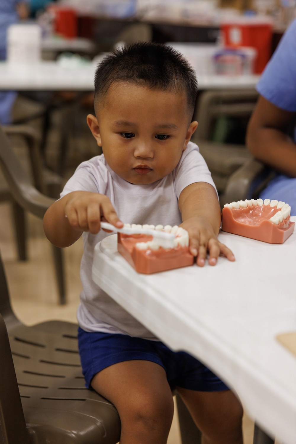 A young child, approximately 2-4 years old, is seated at a white table practicing tooth brushing on a dental jaw model. The child is using a small toothbrush on a red-and-white anatomical teeth model, suggesting a dental hygiene education activity. A second dental model is visible on the table nearby, indicating a structured learning or outreach event.