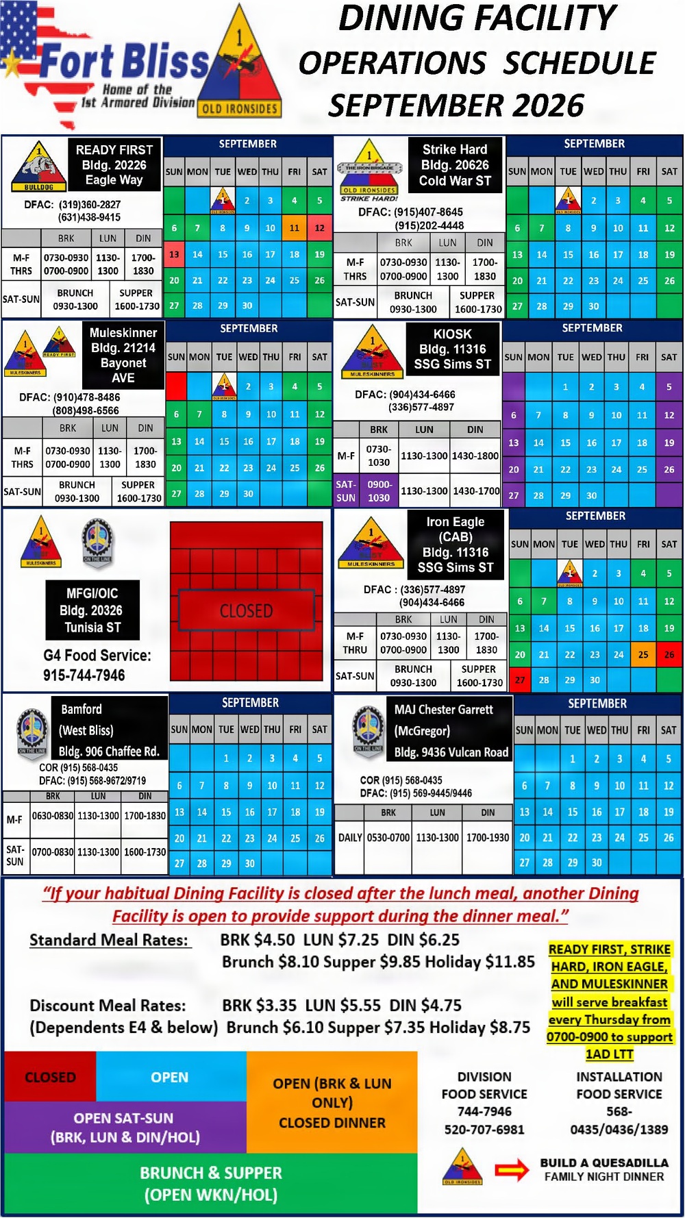 1AD feeding platform DFAC operational calendars