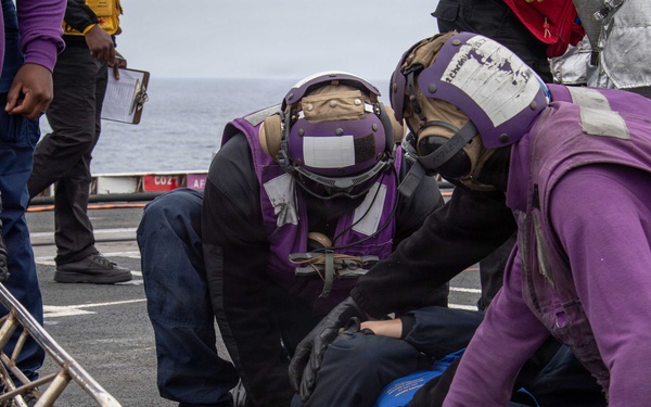 USS Carl Vinson (CVN 70) conducts firefighting and mass casualty drill