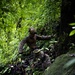 A single individual wearing military-style camouflage clothing and tactical gear is navigating through dense jungle or forest terrain. The person appears to be moving through thick vegetation, rocky ground, and heavy undergrowth. The setting suggests a military training exercise or field operation in a tropical or subtropical forest environment.
