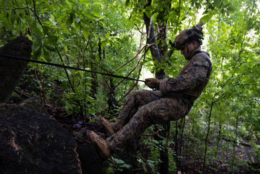 A military service member in digital camouflage uniform is rappelling or rope-traversing down a rocky surface in a dense jungle or forest environment. The soldier is equipped with tactical gear including a helmet with night vision device mount and appears to be managing a rope or line. The lush green vegetation and rocky terrain suggest a tropical or subtropical training environment.