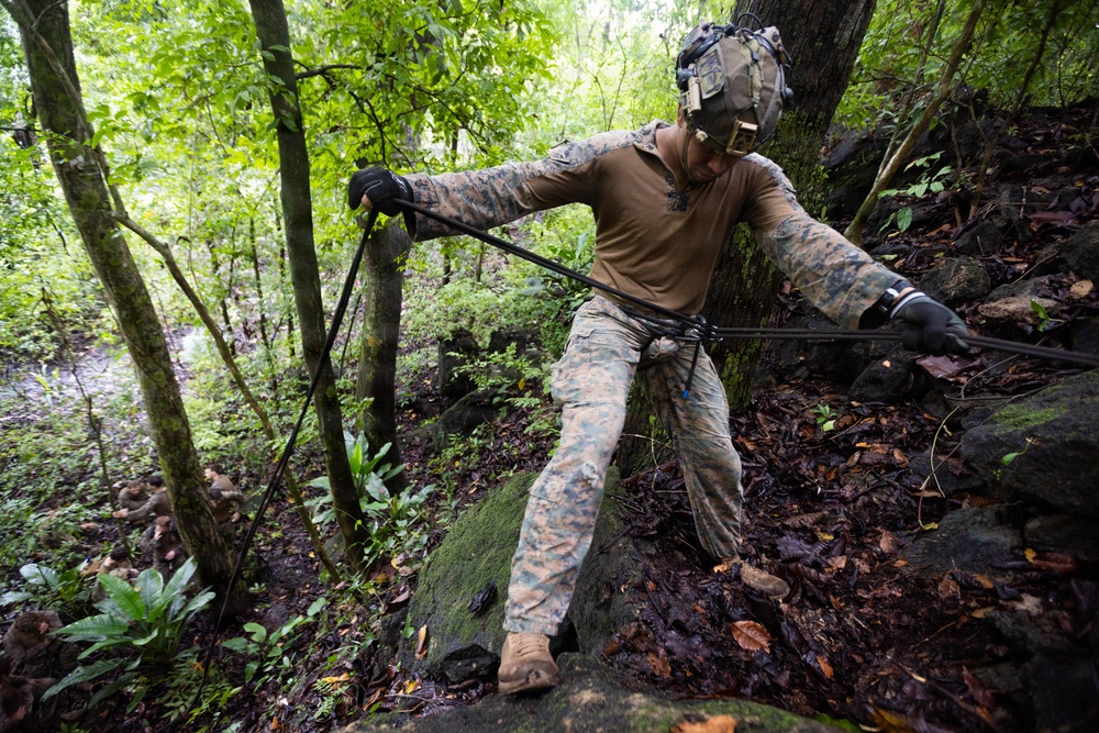 A military service member in camouflage uniform is navigating a steep, rocky, and densely forested terrain while holding onto ropes or cables for support. The individual appears to be conducting a field training exercise or tactical movement through challenging jungle-like terrain. The environment is wet and muddy, suggesting recent rainfall.