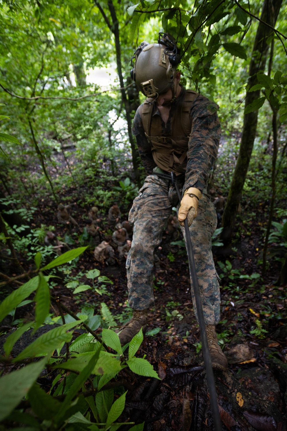 A military service member in digital camouflage uniform and tactical helmet is navigating through dense jungle terrain while holding a rope or cable, likely during a training exercise. Several other personnel in similar uniforms are visible in the background, crouched or kneeling among the vegetation. The setting appears to be a tropical or subtropical forest environment.