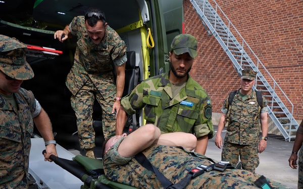 U.S. Navy Corpsman, Swedish Forces practice ambulance and IV procedures during Archipelago Endeavor 26