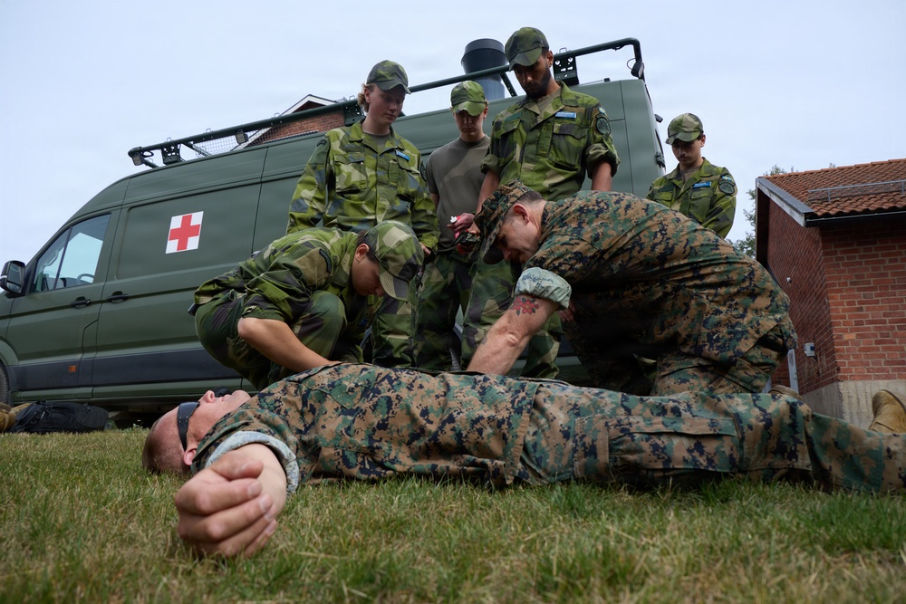 A military medical training exercise is taking place outdoors on a grass area. Personnel in two distinct camouflage uniforms — Swedish military pattern and US Marine Corps MARPAT — are practicing combat casualty care on a simulated casualty lying on the ground. A green military ambulance van marked with a Red Cross is visible in the background.