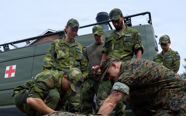 U.S. Navy Corpsman, Swedish Forces practice ambulance and IV procedures during Archipelago Endeavor 26