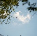 An upward-looking (worm's-eye view) photograph captures a small drone in flight against a partly cloudy blue sky. Tree branches with green foliage frame the upper-left and upper-right corners of the image. A large wind turbine is partially visible and out of focus on the right side of the frame.