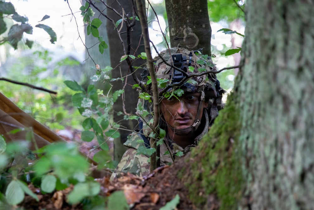 A soldier in full camouflage gear is concealed among trees and foliage in a woodland environment. The individual is wearing a helmet adorned with natural vegetation and equipped with night-vision device mounts. The image depicts a tactical concealment or reconnaissance posture in a dense forest setting.