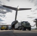 A military cargo aircraft, likely a C-17 Globemaster III, is being loaded or unloaded on an airfield tarmac. A military tactical truck with a trailer is positioned at the rear cargo ramp of the aircraft, while ground crew personnel and a yellow forklift assist with the operation. A soldier in camouflage uniform stands to the right, appearing to direct or signal the vehicle.