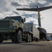 A military heavy-duty truck in olive drab green is pulling a flatbed trailer loaded with cargo out of or into a large military transport aircraft. The scene takes place on an airfield tarmac under a partly cloudy sky. The low-angle perspective emphasizes the scale of both the vehicle and the aircraft.