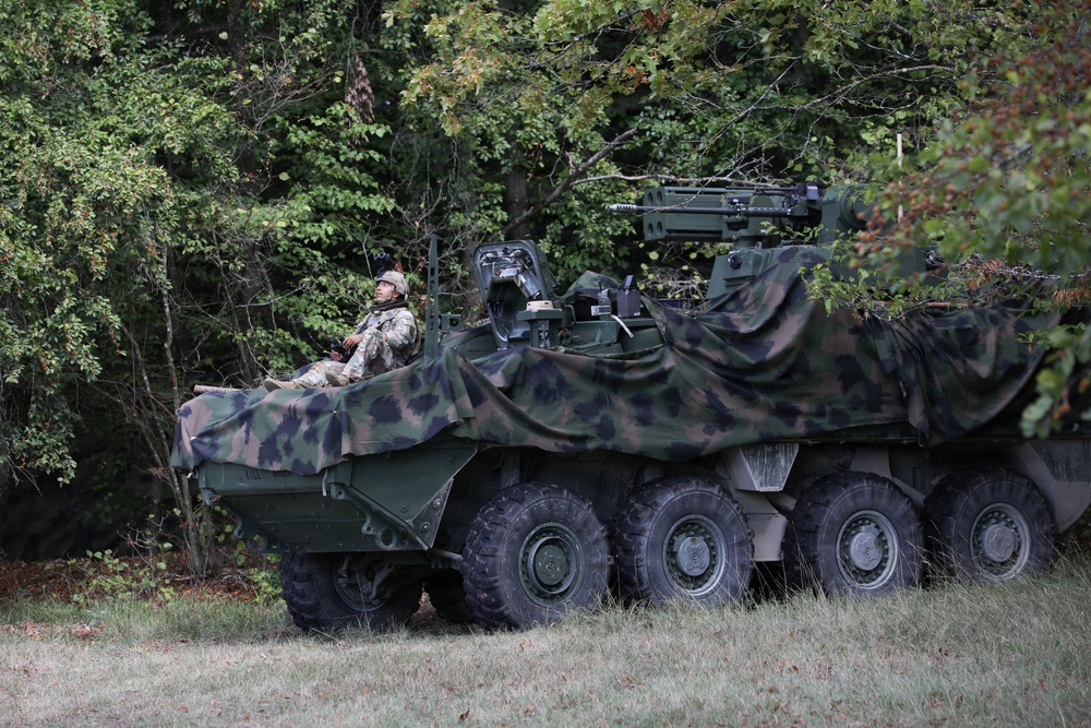 A military armored wheeled vehicle, consistent with a Stryker-type 8x8 armored personnel carrier, is positioned at the edge of a wooded treeline. The vehicle is draped with a woodland camouflage net and has a mounted weapon system visible on top. One soldier in combat uniform and helmet is seated atop the vehicle, appearing to observe the surrounding area.