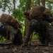 Two military personnel in full combat gear are crawling or low-crawling through a forested jungle environment. Both are equipped with large tactical backpacks, helmets, gloves, and rifles visible on the ground beneath them. The scene appears to depict a military training exercise or field operation in a dense tropical woodland setting.