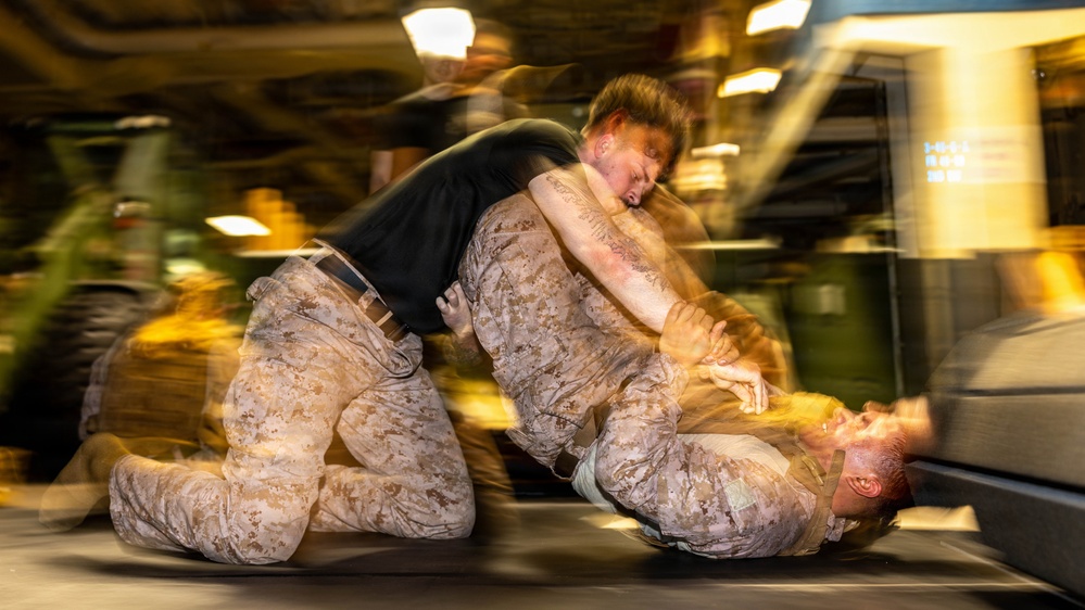 The image shows two individuals in military camouflage uniforms engaged in a ground combat training exercise. One person is mounted on top of the other in a grappling position, consistent with martial arts or combatives training. The image uses intentional motion blur (slow shutter speed technique) to convey dynamic movement.