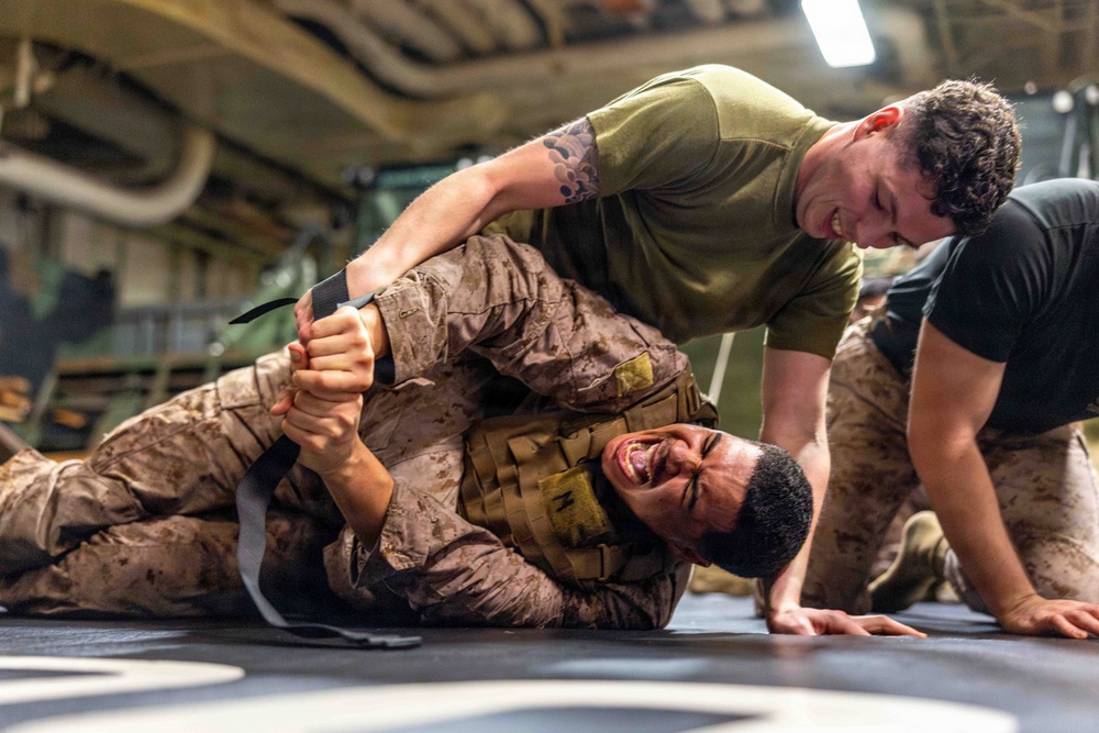 Two individuals in military attire are engaged in a ground combat training exercise on a black mat. One person wearing a green t-shirt and camouflage pants is applying a joint lock or arm control technique on another person in full camouflage uniform with a tactical vest. The setting appears to be an indoor military facility, consistent with martial arts or combatives training.