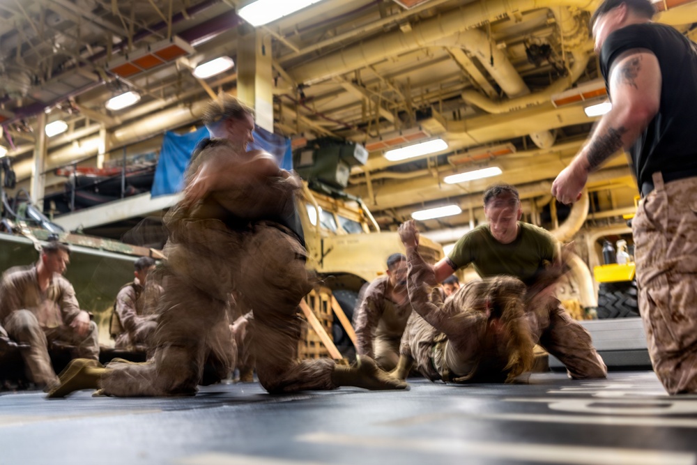 Military personnel in desert camouflage uniforms are conducting close-quarters combat or martial arts training inside what appears to be a ship's hangar bay or vehicle deck. Multiple pairs of individuals are engaged in grappling and ground fighting exercises on padded mats. The image features significant motion blur, suggesting dynamic movement during the training session.