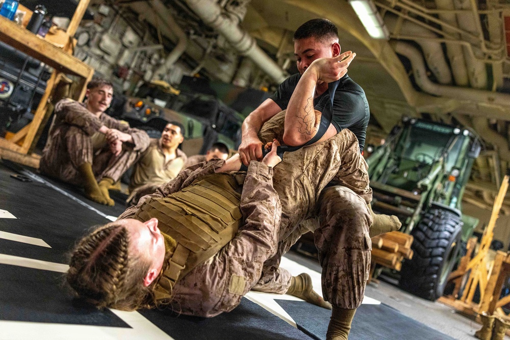 Military personnel in desert camouflage uniforms are conducting close-quarters combat or martial arts training in what appears to be a ship's vehicle deck or hangar bay. Two individuals are actively sparring on a mat, with one person on the ground and another in a dominant position applying a grappling technique. Several other service members observe the training session from the background.