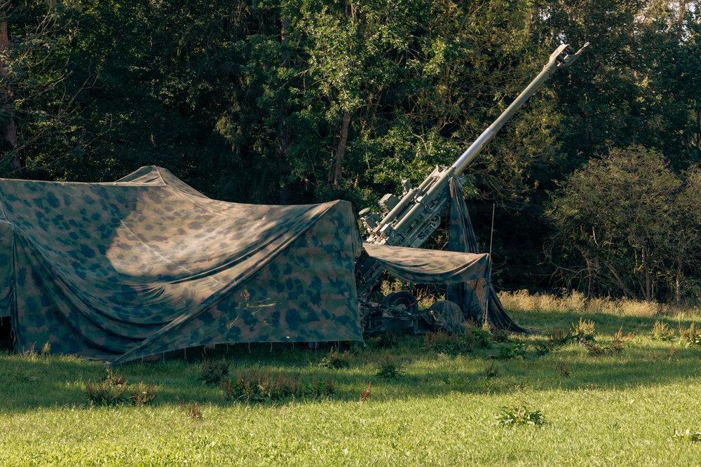 The image shows a military artillery piece partially concealed under camouflage netting in a wooded field setting. The gun barrel is elevated at a high angle, suggesting it may be positioned for use or display. The setup appears to be a field deployment with deliberate concealment measures.